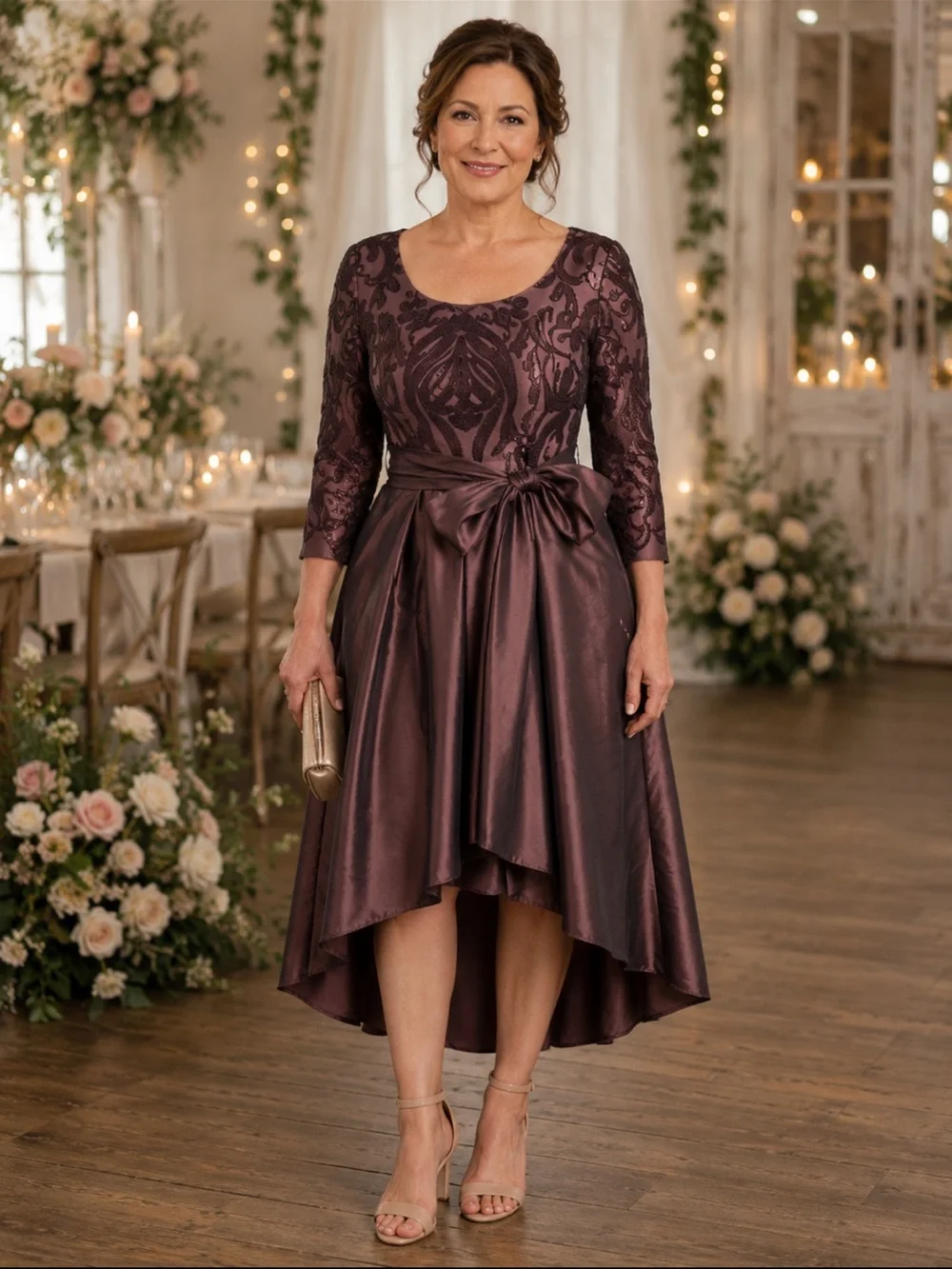 R&M Richards Plum Lace High-Low Dress with Waist Bow